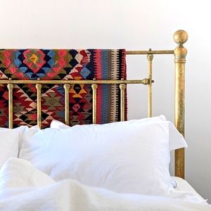 Hand Crafted Brass Bed Frame with Colorful Kilim Accent